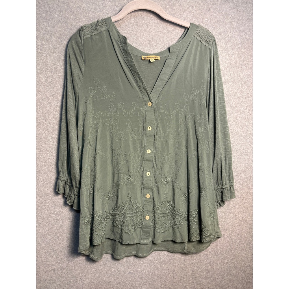Democracy Plus Size Sage Green Embroidered Boho Peasant Tunic Blouse 1X